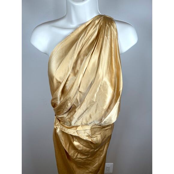 The Sei Asymmetrical Ruched Draped One Shoulder Silk Gold Maxi Dress Size 4 - Picture 4 of 9